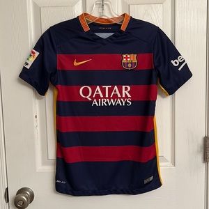 Nike Qatar Airways Red Blue Stripe Dri-Fit Soccer Jersey Short Sleeves Large